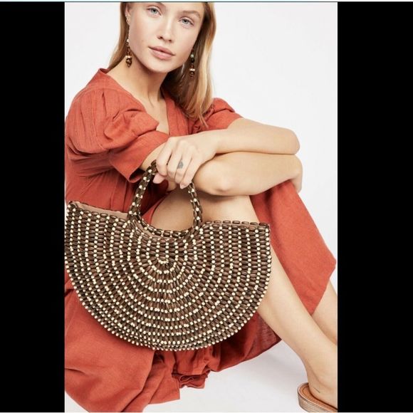 Free People Handbags - Free People All Wood Half Moon Beaded Lined Bag